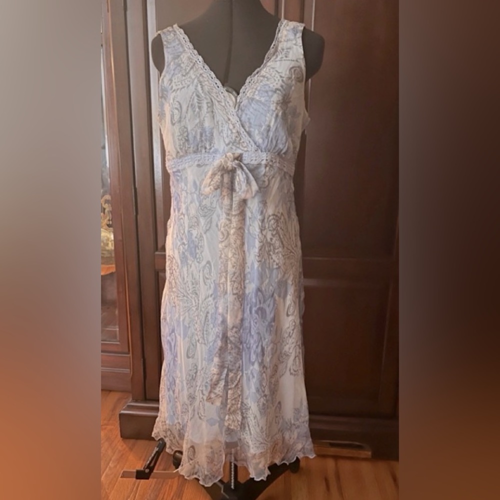 Sexy spring and summer flowy petite dress, sheer overlay with solid blue lining